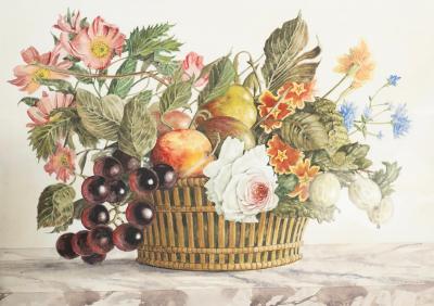 Set Of Four Framed Watercolor Still Lifes Of Flowers and Fruit In Baskets