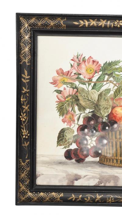 Set Of Four Framed Watercolor Still Lifes Of Flowers and Fruit In Baskets