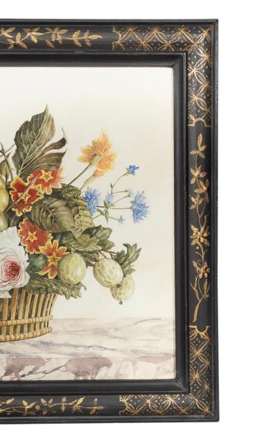 Set Of Four Framed Watercolor Still Lifes Of Flowers and Fruit In Baskets