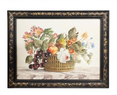 Set Of Four Framed Watercolor Still Lifes Of Flowers and Fruit In Baskets