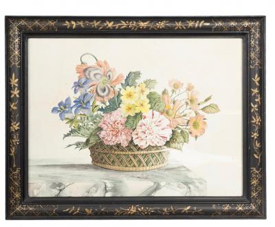 Set Of Four Framed Watercolor Still Lifes Of Flowers and Fruit In Baskets