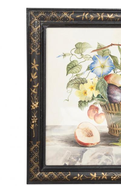 Set Of Four Framed Watercolor Still Lifes Of Flowers and Fruit In Baskets