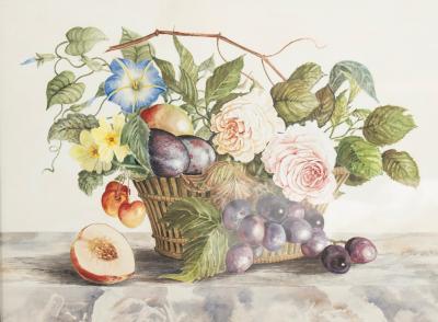 Set Of Four Framed Watercolor Still Lifes Of Flowers and Fruit In Baskets