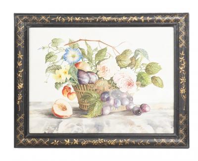 Set Of Four Framed Watercolor Still Lifes Of Flowers and Fruit In Baskets