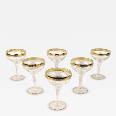 Set Of Six Engraved Murano Champagne Coupe Glasses With Gold Rim IT ca 1940