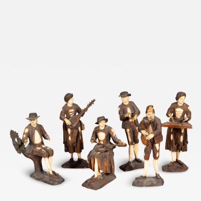 Set Of Six Italian Carved Wood And Bone Peasant Musicians