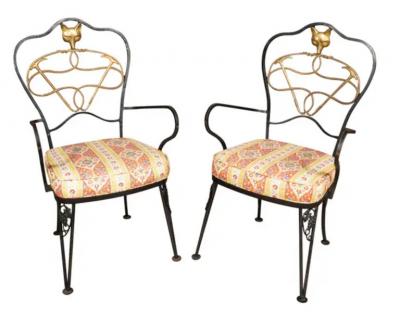 Set Of Six Wrought Iron And Brass Dining Chairs With Fox Hunting Theme