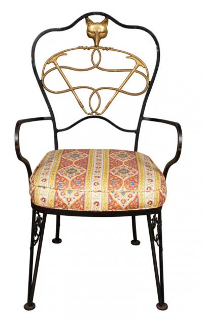 Set Of Six Wrought Iron And Brass Dining Chairs With Fox Hunting Theme