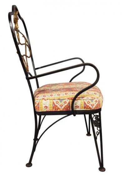 Set Of Six Wrought Iron And Brass Dining Chairs With Fox Hunting Theme