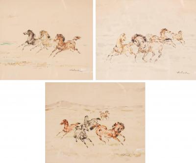 Set Of Three Framed Equestrian Watercolors By Denes De Holesch