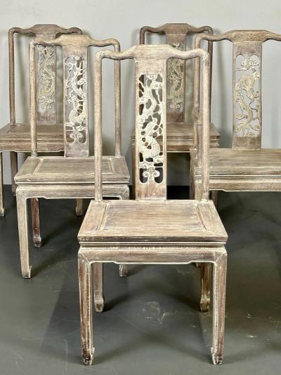 Set Six Chinese Chippendale Whitewashed Dining Chairs Carved Dragons Rosewood