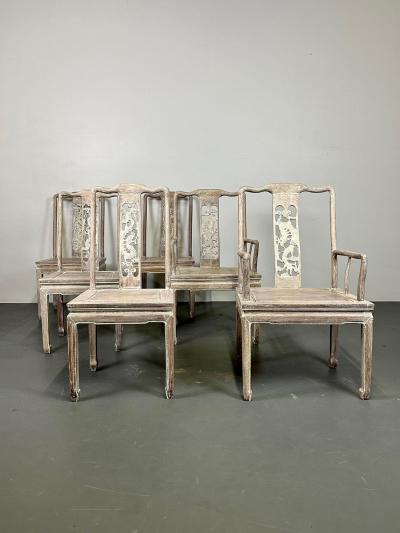 Set Six Chinese Chippendale Whitewashed Dining Chairs Carved Dragons Rosewood