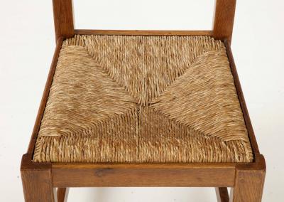 Set Six French High Back Oak Rush Rustic Modern Chairs c 1950 signed
