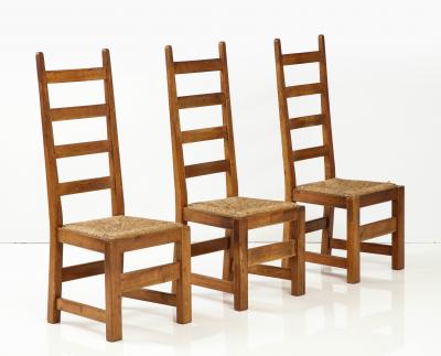 Set Six French High Back Oak Rush Rustic Modern Chairs c 1950 signed