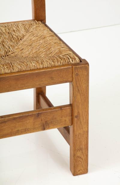 Set Six French High Back Oak Rush Rustic Modern Chairs c 1950 signed