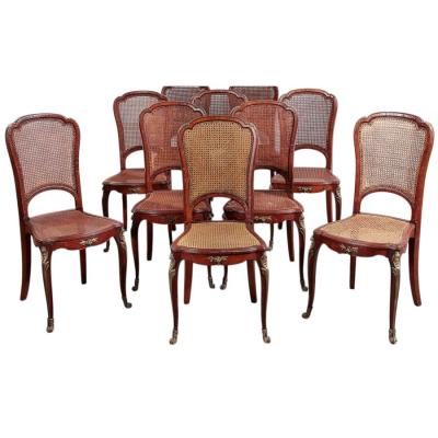 Set of 10 Antique Louis XV Gilt Bronze Mounted Cane Walnut Dining Chairs