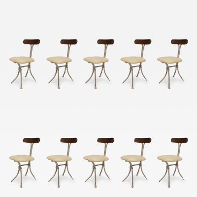 Set of 10 French Mid Century Modern Wrought Iron Silver Painted Cafe Chairs