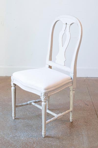 Set of 10 Swedish Painted Dining Room Chairs with Carved Splats and Upholstery