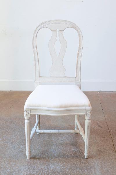Set of 10 Swedish Painted Dining Room Chairs with Carved Splats and Upholstery
