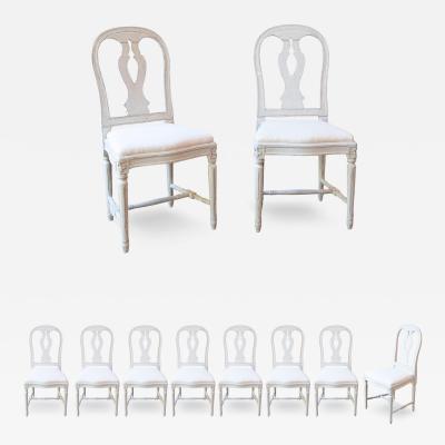 Set of 10 Swedish Painted Dining Room Chairs with Carved Splats and Upholstery