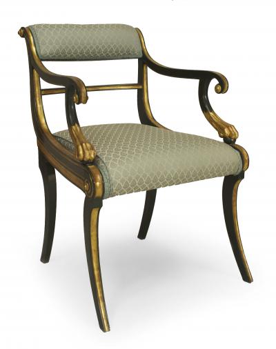 Set of 12 English Regency Green Damask Arm Chairs
