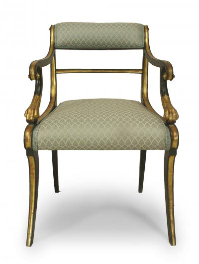 Set of 12 English Regency Green Damask Arm Chairs