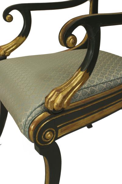 Set of 12 English Regency Green Damask Arm Chairs