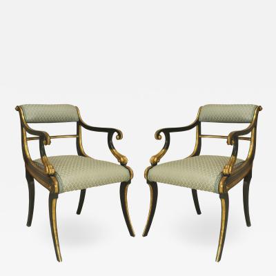Set of 12 English Regency Green Damask Arm Chairs