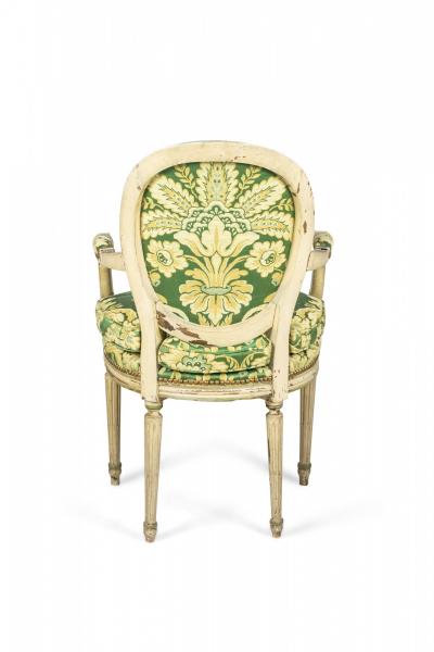 Set of 12 Louis XVI Style Painted Green Damask Upholstered Dining Chairs
