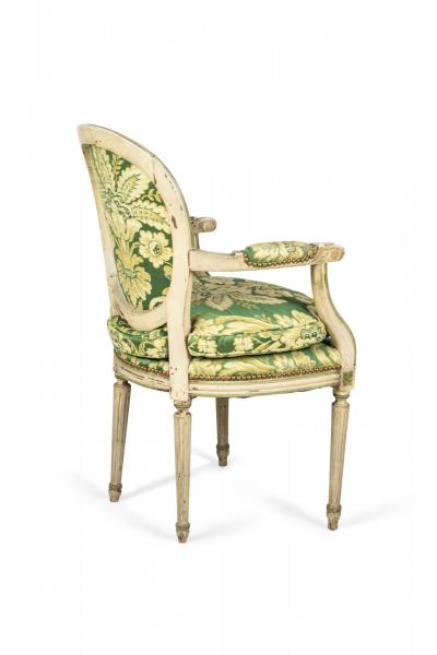 Set of 12 Louis XVI Style Painted Green Damask Upholstered Dining Chairs
