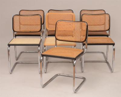 Set of 13 Modern Chrome and Ebonized Chairs with Caned Seat