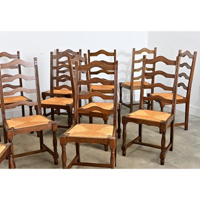 Set of 14 Ladder Back and Rush Seat Dining Chairs