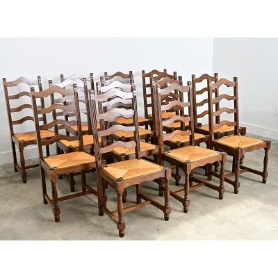 Set of 14 Ladder Back and Rush Seat Dining Chairs