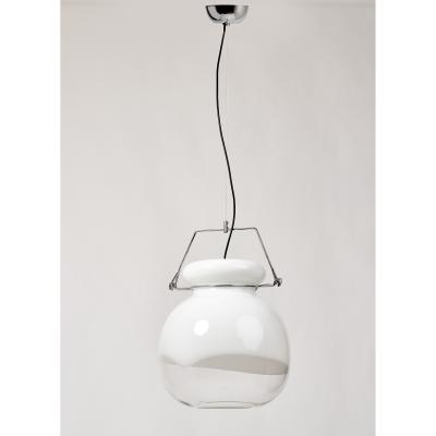 Set of 16 Blown White and Clear Glass Pendant Lanterns Italy 1970s