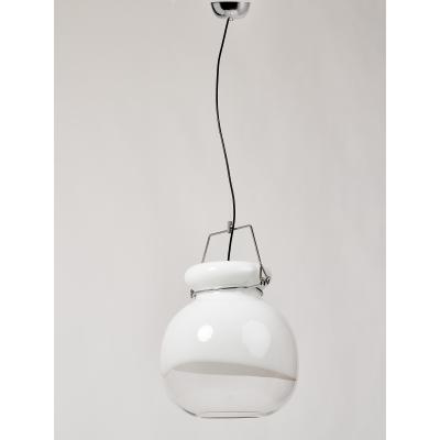 Set of 16 Blown White and Clear Glass Pendant Lanterns Italy 1970s