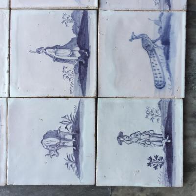 Set of 16 Blue and White Delft Tiles with Animals and Figures 18th Century
