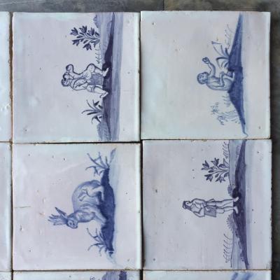 Set of 16 Blue and White Delft Tiles with Animals and Figures 18th Century
