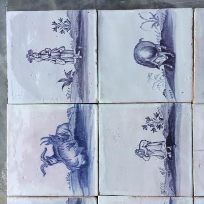 Set of 16 Blue and White Delft Tiles with Animals and Figures 18th Century