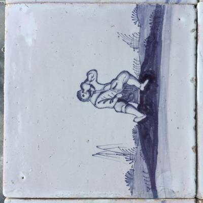 Set of 16 Blue and White Delft Tiles with Animals and Figures 18th Century