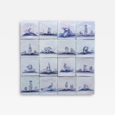Set of 16 Blue and White Delft Tiles with Animals and Figures 18th Century