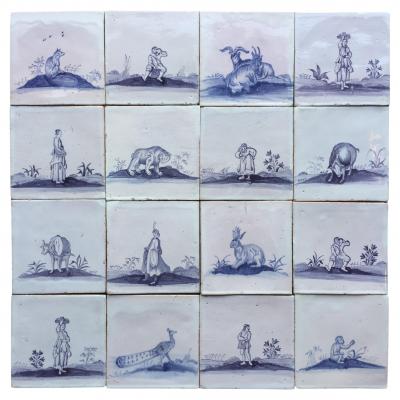 Set of 16 Blue and White Delft Tiles with Animals and Figures 18th Century