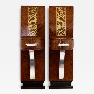 Set of 2 1930s French Art Deco Half Round Bedside Table Consoles with Inlays