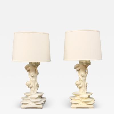 Set of 2 1960s Italian Ceramic Lotus Flower Faux Bamboo table lamps