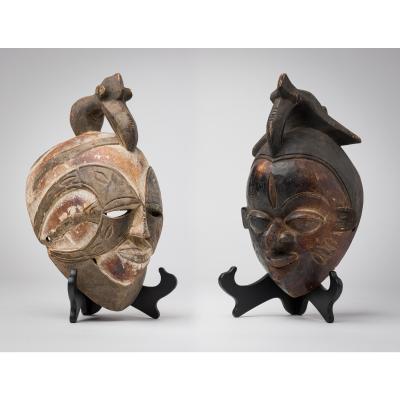 Set of 2 African Cameroon 20th Century Carved Wooden Bamileke Mask with Hornbill