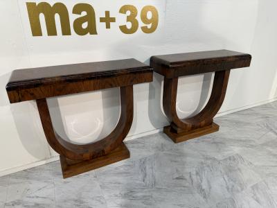 Set of 2 Art Deco Style Console Tables in Bookmatched Burl Wood