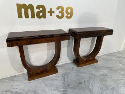 Set of 2 Art Deco Style Console Tables in Bookmatched Burl Wood