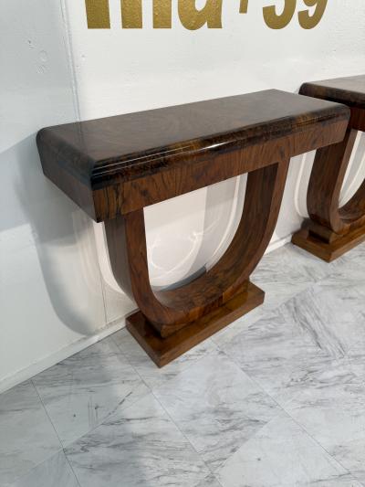 Set of 2 Art Deco Style Console Tables in Bookmatched Burl Wood