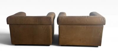 Set of 2 Brown Genuine Leather Club Chairs 1980s