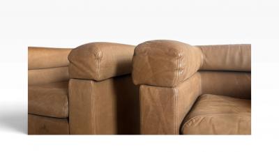 Set of 2 Brown Genuine Leather Club Chairs 1980s