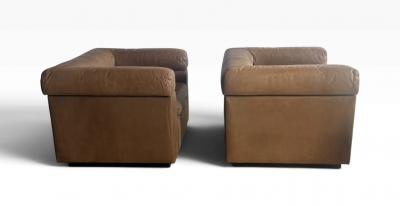 Set of 2 Brown Genuine Leather Club Chairs 1980s